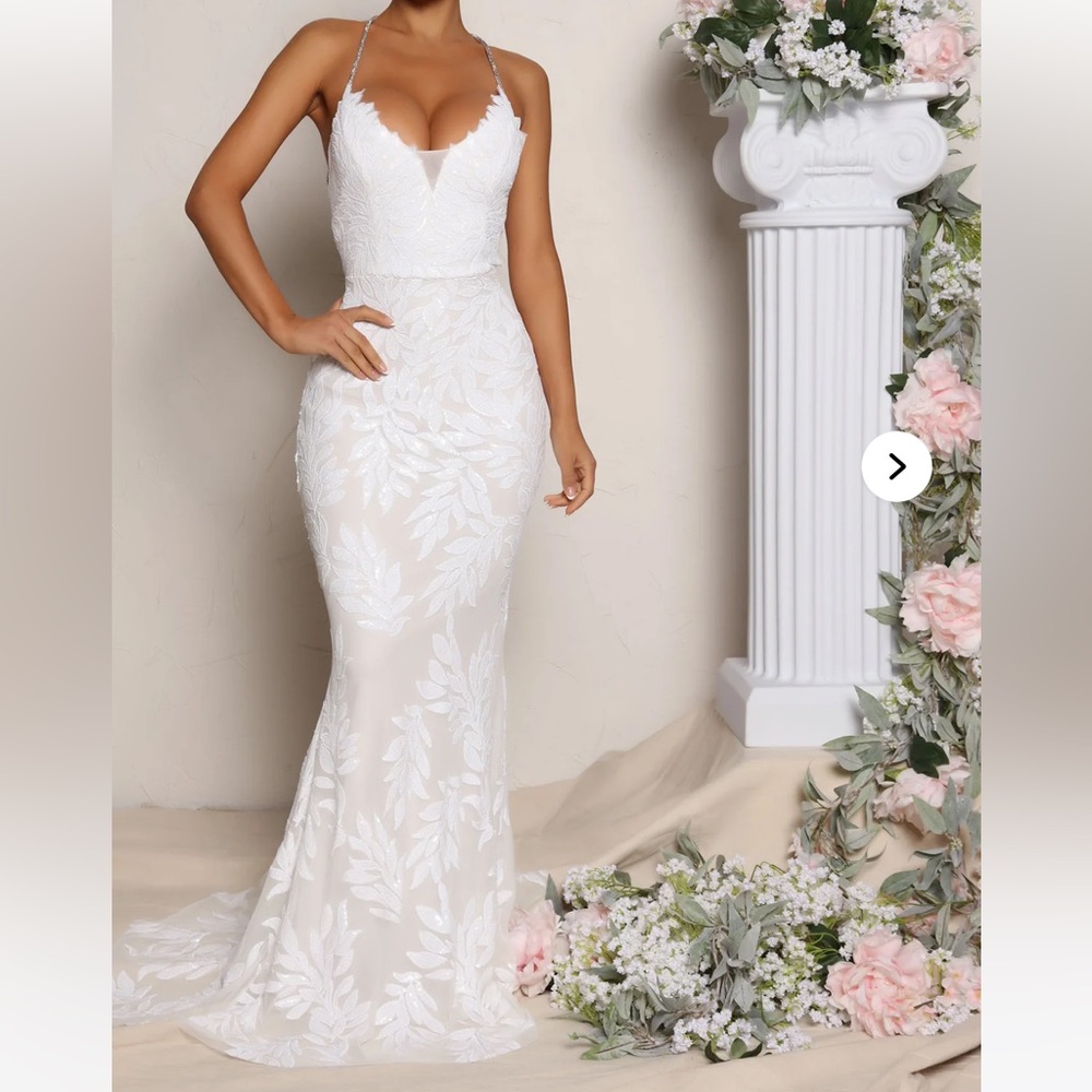 Fashion Nova White Sequin Dress Lace Wedding Gown S